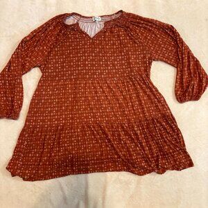 Wonderly Women’s Plus 2X Rust Tiered Babydoll Long Sleeve Top